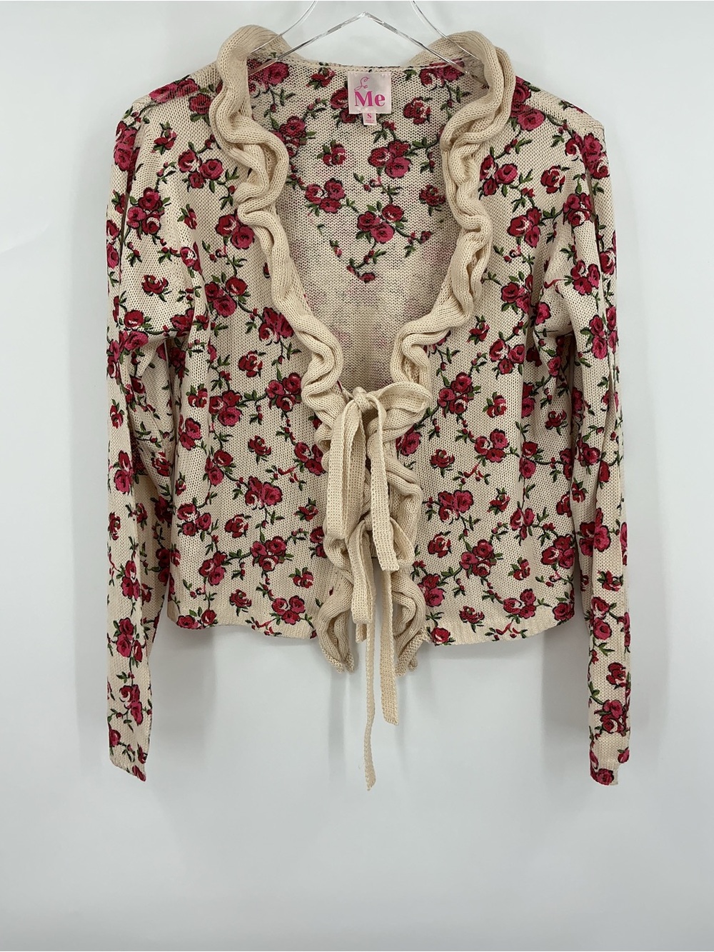 So Me Flirty Floral Ruffle Rose Print Tie Cardigan
